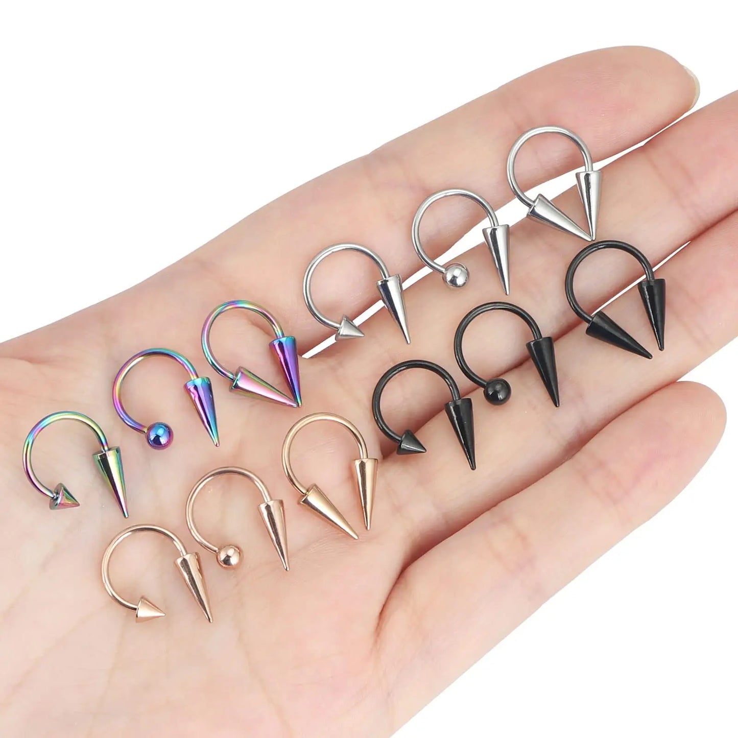 Versatile Stainless Steel Nose Ring Set - Multi-Color 16G Horseshoe Hoop and Spike Septum Piercing Kit