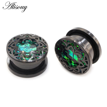 Alisouy 2pcs Retro Stainless Steel Opal Hollow Flower Ear Tunnels Plugs Expander Stretcher Gauges Earrings Body Piercing Jewelry