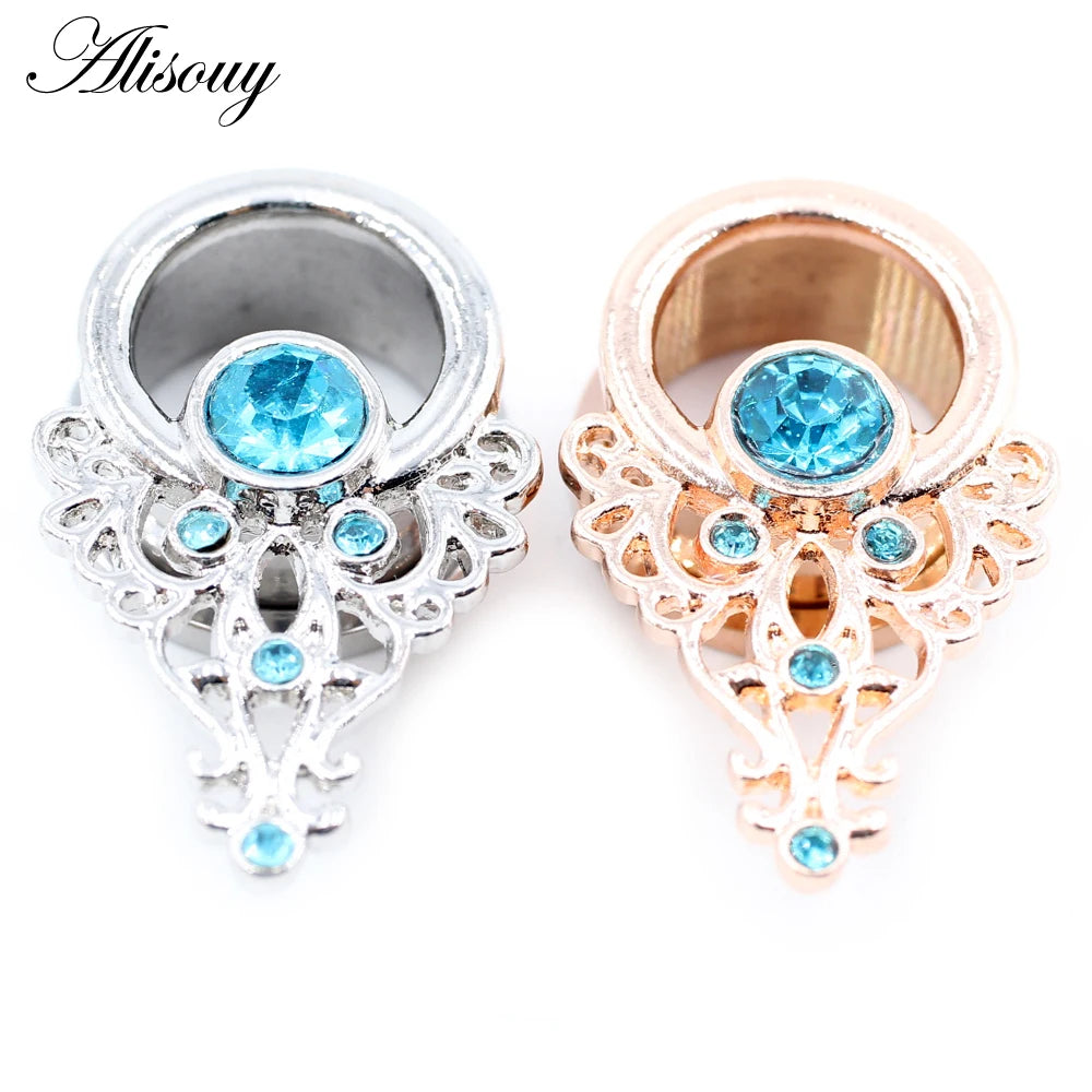 Alisouy 2pcs Stainless Steel Flower Triangle Cone Owl Zircon Star Screw Ear Tunnels Plugs Expander Gauges Body Piercing Jewelry