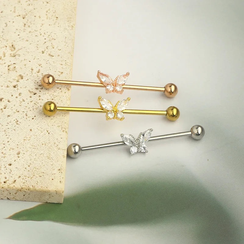 External thread piercing jewelry Industrial barbell earrings Butterfly zircon ear bridge double piercing earrings