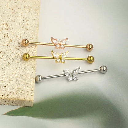 External thread piercing jewelry Industrial barbell earrings Butterfly zircon ear bridge double piercing earrings