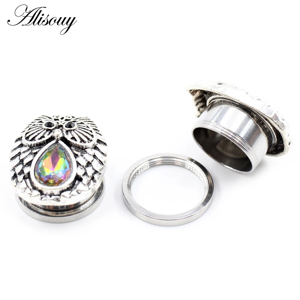 Alisouy 2pcs Stainless Steel Flower Triangle Cone Owl Zircon Star Screw Ear Tunnels Plugs Expander Gauges Body Piercing Jewelry