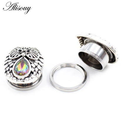 Alisouy 2pcs Stainless Steel Flower Triangle Cone Owl Zircon Star Screw Ear Tunnels Plugs Expander Gauges Body Piercing Jewelry