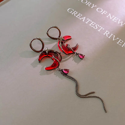 Asymmetry Red Moon Rose Earrings for Women European American Style Personality Crystal Drop Pendant Earrings Jewelry