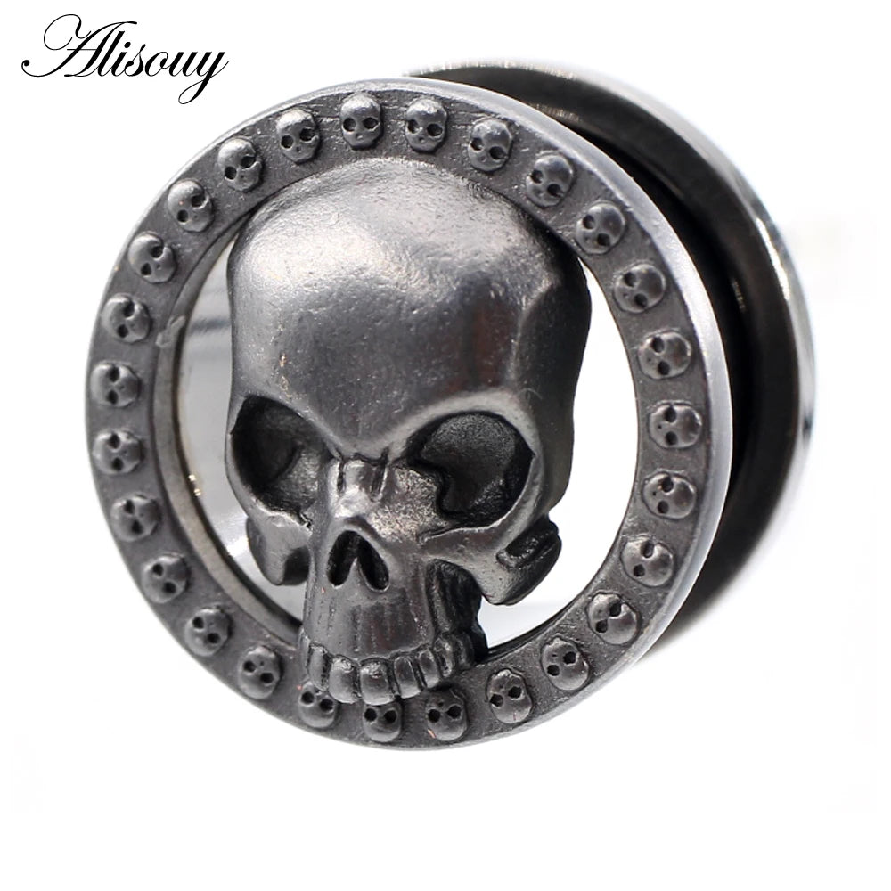 Alisouy 2PCS 8-25mm Stainless Steel Skull Screw Round Ear Gauges Tunnels Plugs Expander Stretcher Earrings Piercing Body Jewelry