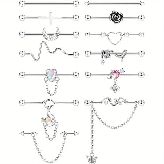 13PCS Industrial Piercing Surgical Steel Industrial Earrings Barbell with Chain Cartilage Helix Piercing Jewelry