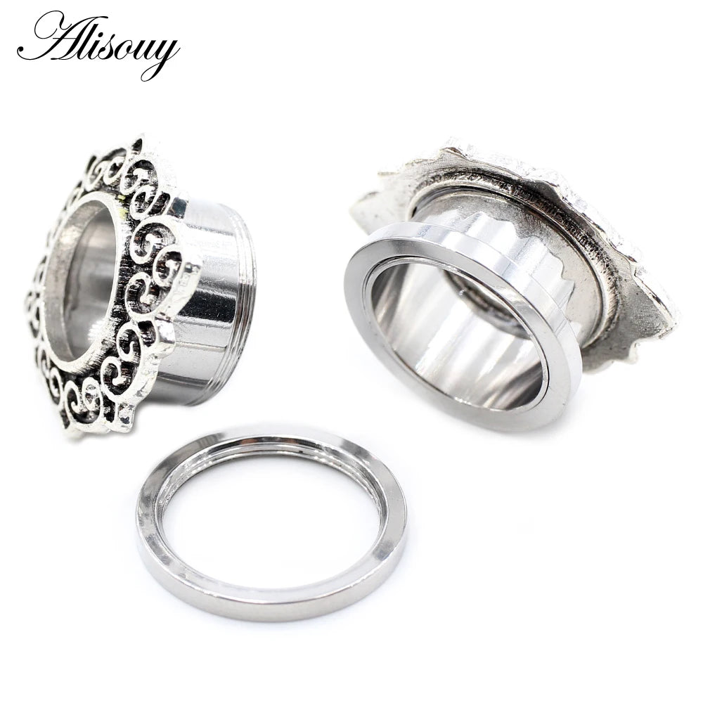 Alisouy 2pcs Stainless Steel Flower Zirconia Moon Star Clock Heart Screw Ear Tunnels Plugs Expander Gauges Body Piercing Jewelry