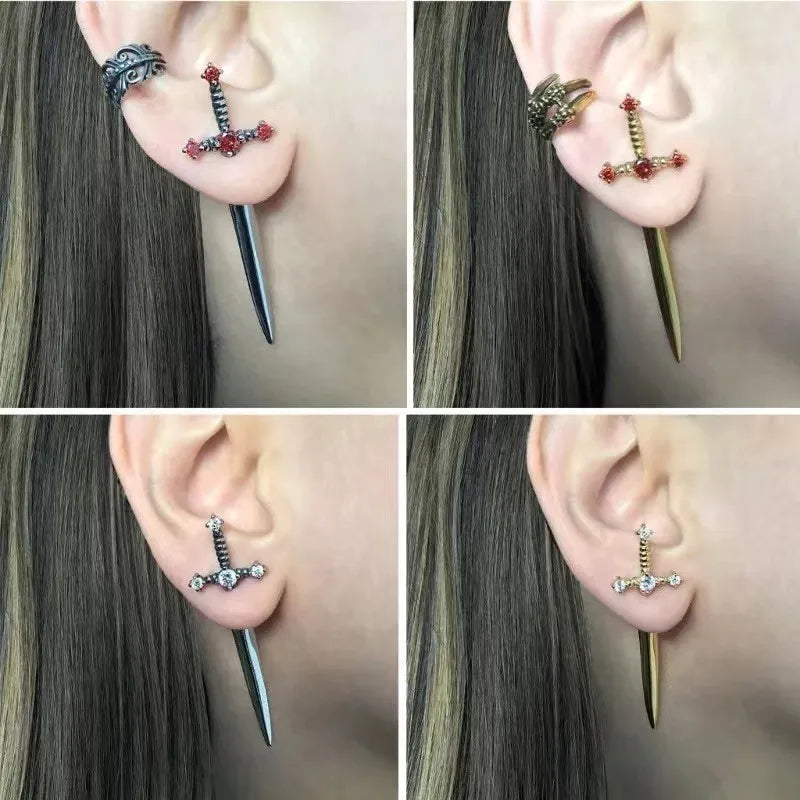 Kiss Jewelry Punk Sword Gothic Kinitial Piercing Earrings for Women Men Goth Crystal Ear Jacket Dagger Stud Earrings Jewelry