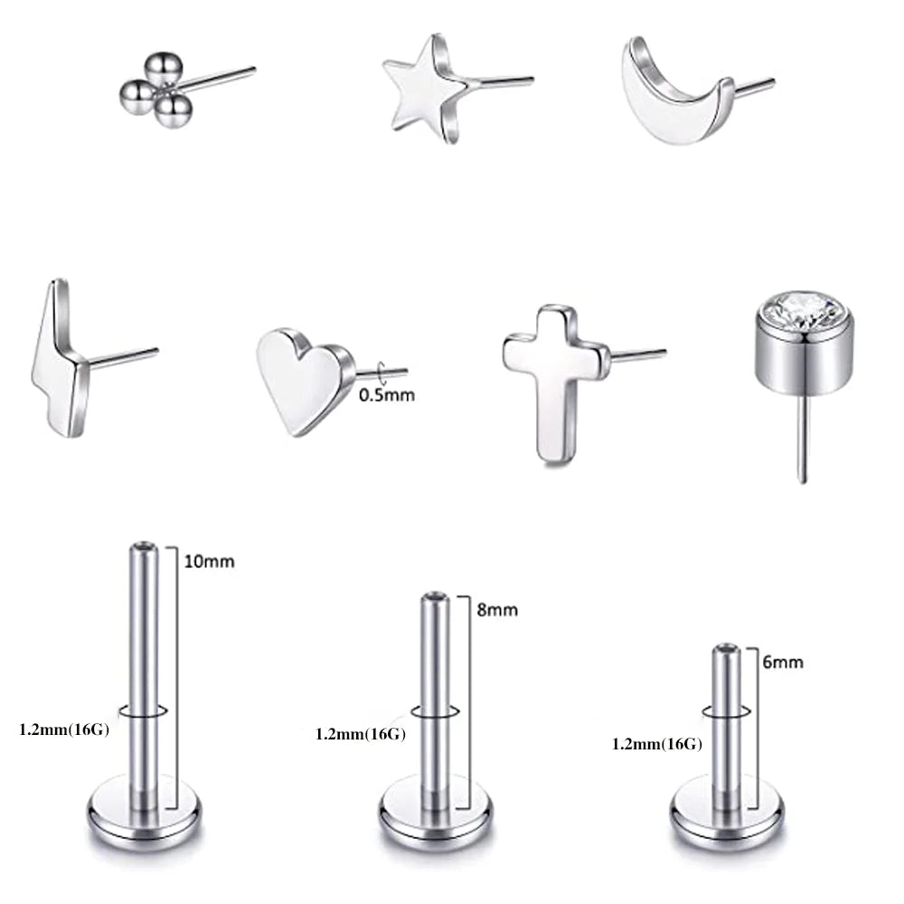 G23 Titanium Threadless Labret Studs Piercing Jewelry 16G Push Pin Cartilage Helix Tragus Earrings for Women Lip Stud Earrings