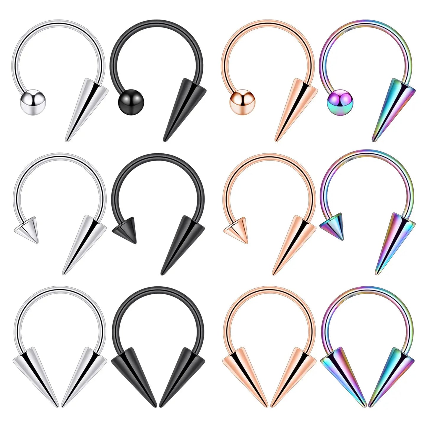 Versatile Stainless Steel Nose Ring Set - Multi-Color 16G Horseshoe Hoop and Spike Septum Piercing Kit