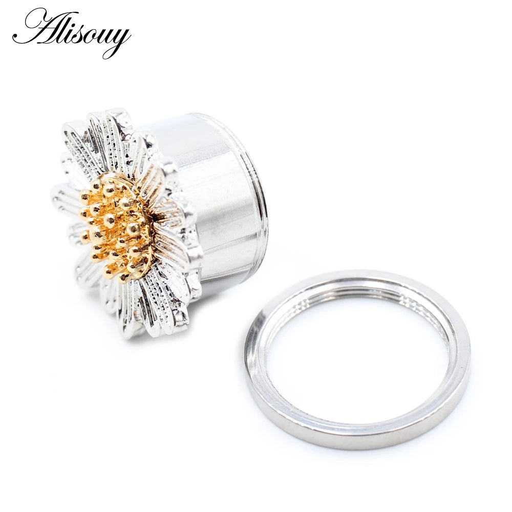 Alisouy 2pcs Stainless Steel Flower Zirconia Moon Star Clock Heart Screw Ear Tunnels Plugs Expander Gauges Body Piercing Jewelry
