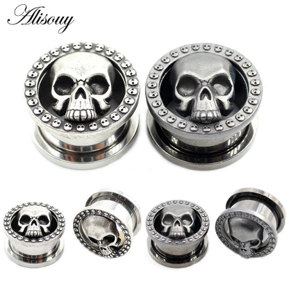 Alisouy 2PCS 8-25mm Stainless Steel Skull Screw Round Ear Gauges Tunnels Plugs Expander Stretcher Earrings Piercing Body Jewelry
