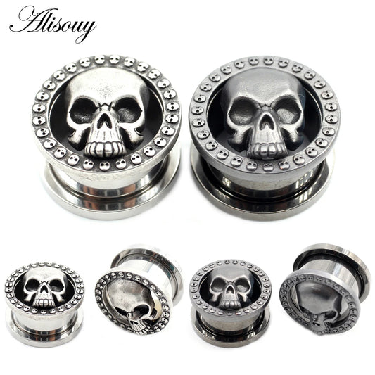 Alisouy 2PCS 8-25mm Stainless Steel Skull Screw Round Ear Gauges Tunnels Plugs Expander Stretcher Earrings Piercing Body Jewelry