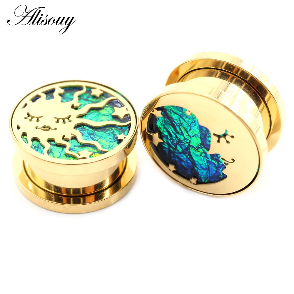 2PCS Stainless Steel Star Moon Sun Skull Cat Butterfly Ear Gauges Tunnels Plugs Expander Stretcher Piercing Body Jewelry