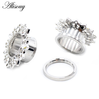 Alisouy 2pcs Stainless Steel Flower Zirconia Moon Star Clock Heart Screw Ear Tunnels Plugs Expander Gauges Body Piercing Jewelry