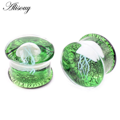 Alisouy 2pcs Transparent Round Glass Luminous Jellyfish Ear Gauges Tunnels Plugs Flesh Stretcher Expander Piercing Body Jewelry