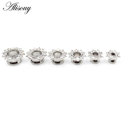 Alisouy 2pcs Stainless Steel Flower Zirconia Moon Star Clock Heart Screw Ear Tunnels Plugs Expander Gauges Body Piercing Jewelry