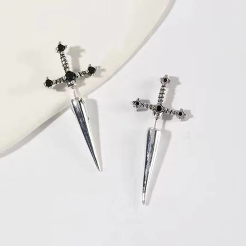 Kiss Jewelry Punk Sword Gothic Kinitial Piercing Earrings for Women Men Goth Crystal Ear Jacket Dagger Stud Earrings Jewelry