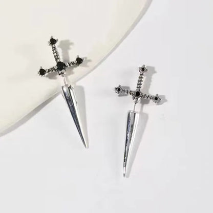 Kiss Jewelry Punk Sword Gothic Kinitial Piercing Earrings for Women Men Goth Crystal Ear Jacket Dagger Stud Earrings Jewelry