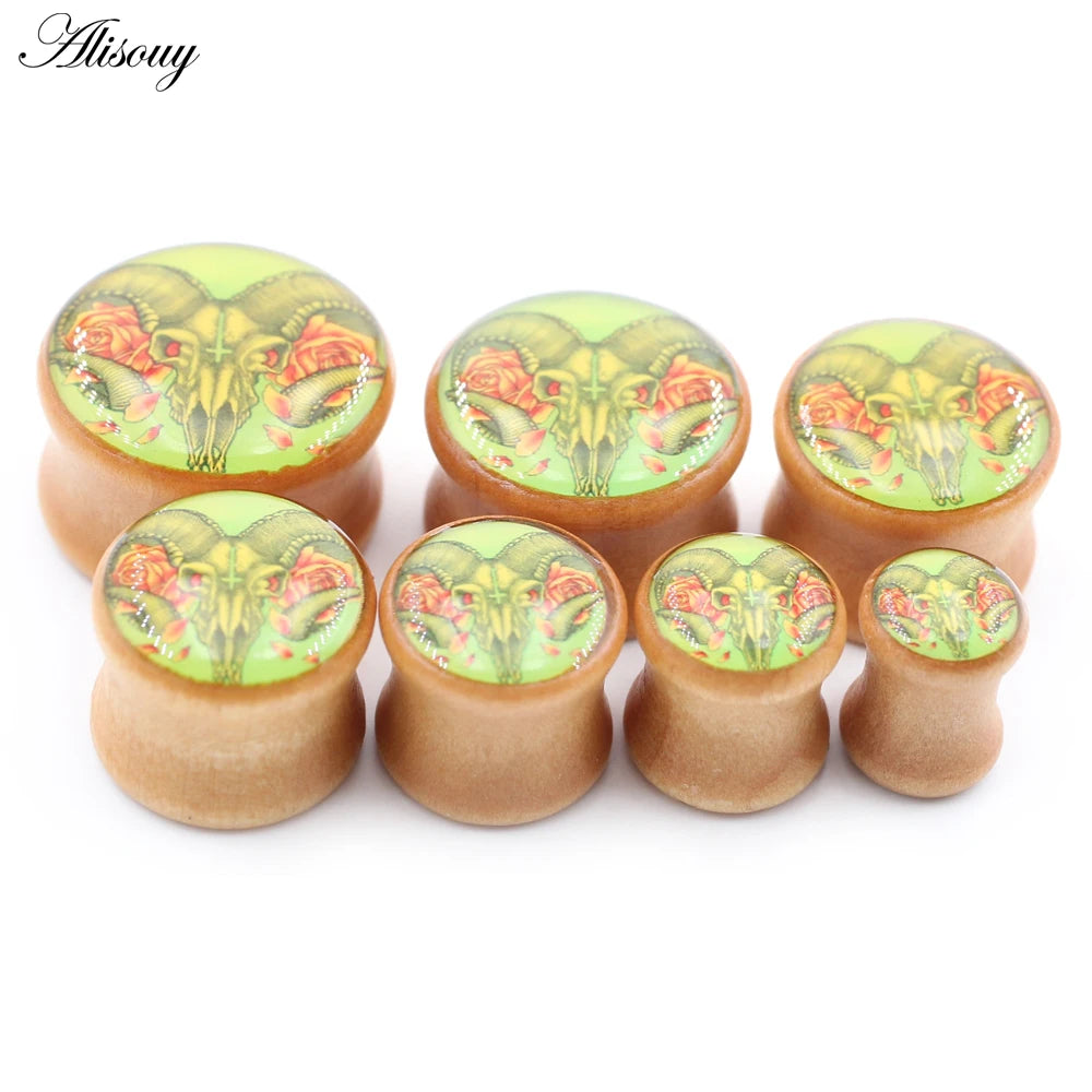 2PCS Wood Sheep Head Cross Epoxy Resin Flared Ear Tunnels Plug Expander Stretcher Gauges Earrings Piercing Body Jewelry