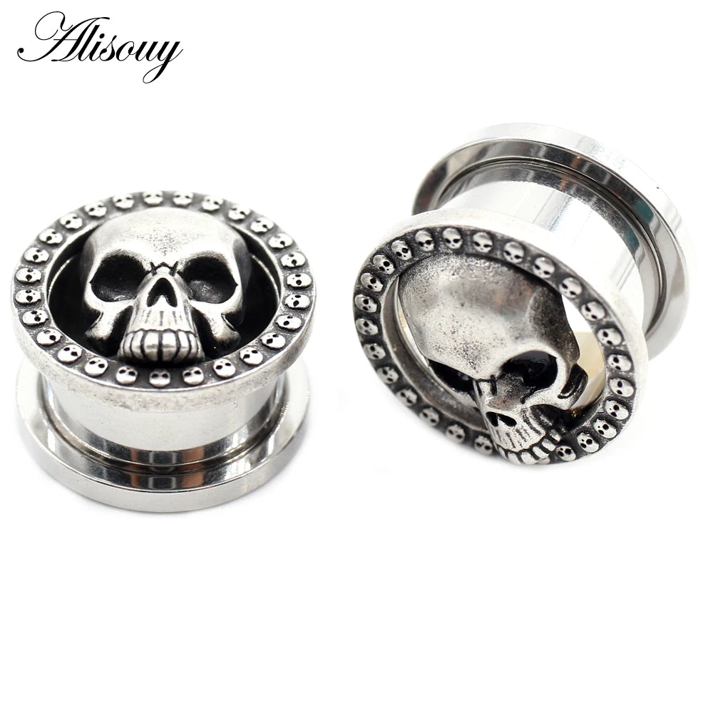 Alisouy 2PCS 8-25mm Stainless Steel Skull Screw Round Ear Gauges Tunnels Plugs Expander Stretcher Earrings Piercing Body Jewelry