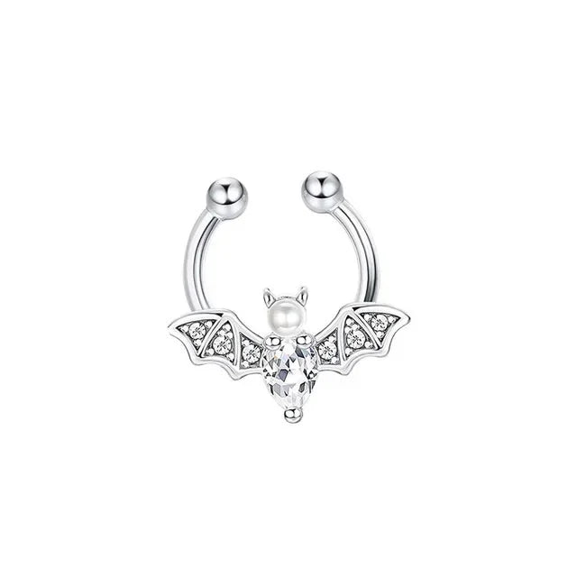 Elegant Stainless Steel Crystal Bat Faux Nose Ring - Non-Piercing Clip on Hoop