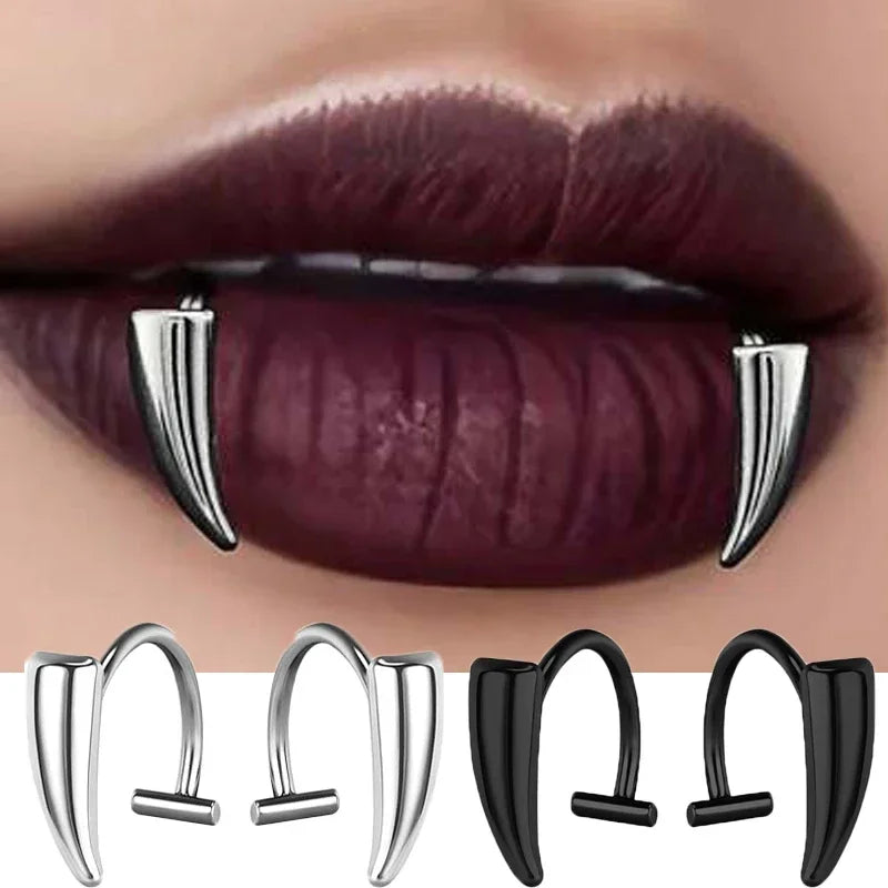 2PCS Gothic Lip Rings - Stainless Steel Fake Piercing Lip Clips for Women