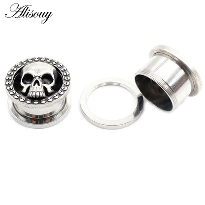 Alisouy 2PCS 8-25mm Stainless Steel Skull Screw Round Ear Gauges Tunnels Plugs Expander Stretcher Earrings Piercing Body Jewelry