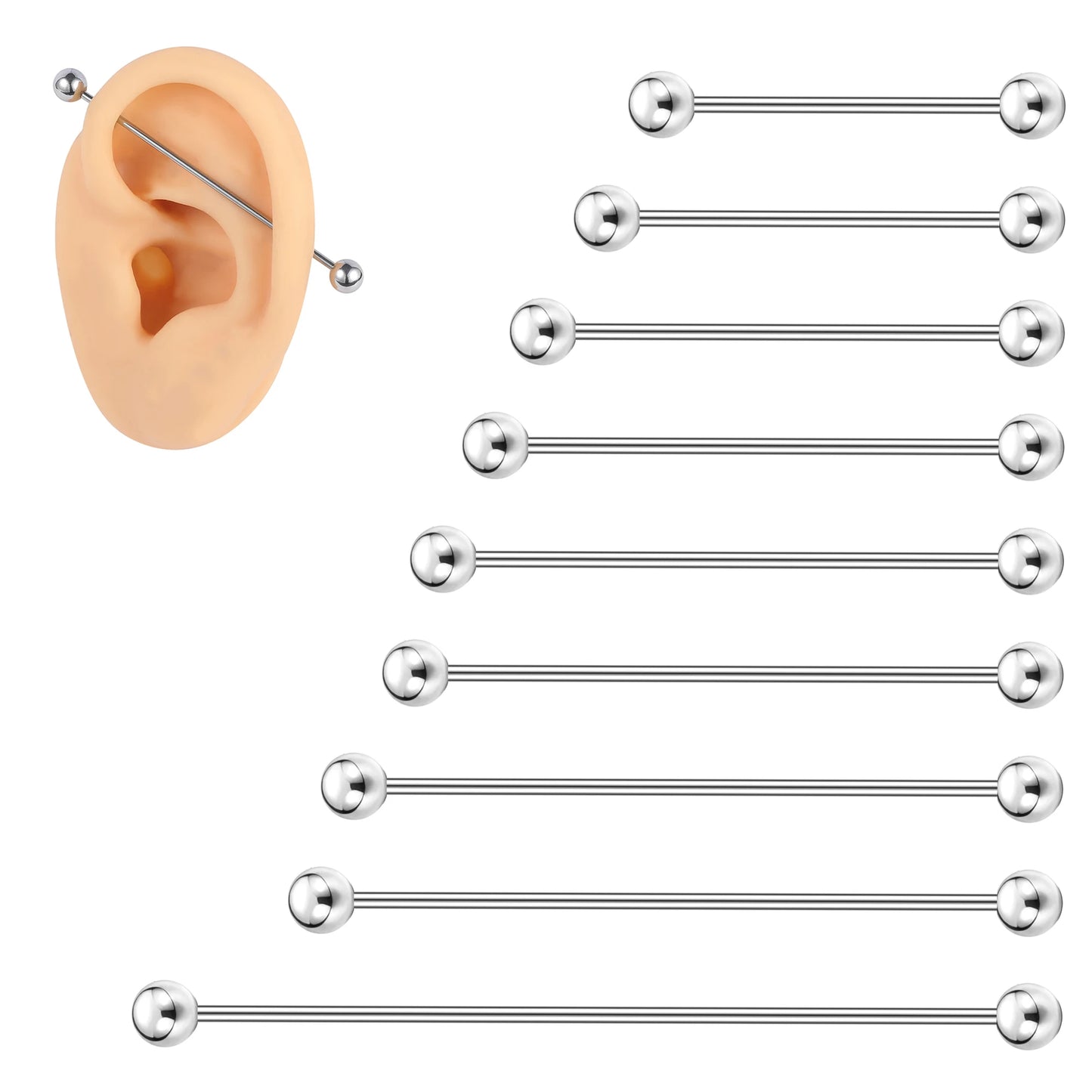 ZS 1PC 16G Stainless Steel Long Industrial Piercing Barbell Cartilage Earring Spike Helix Piercing 24/28/32/35/38/40/45/60mm