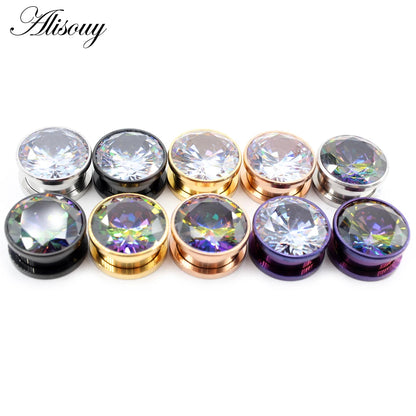 Alisouy 2pcs Stainless Steel Zirconia Crystal Screw Ear Tunnels Plugs Expander Stretcher Gauges Earrings Body Piercing Jewelry