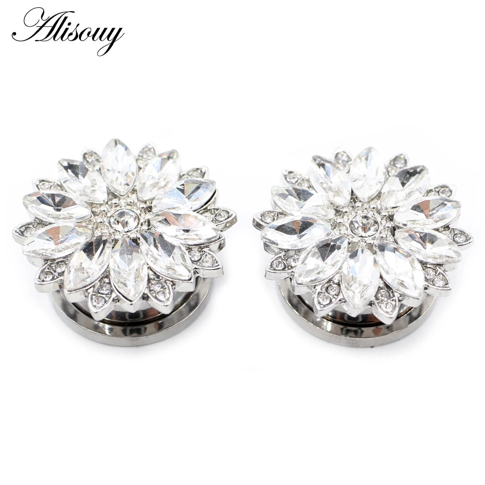 Alisouy 2pcs Stainless Steel Flower Zirconia Moon Star Clock Heart Screw Ear Tunnels Plugs Expander Gauges Body Piercing Jewelry