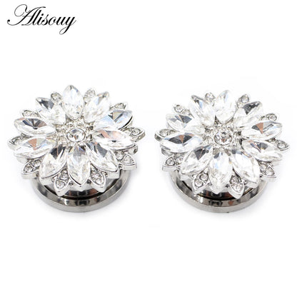 Alisouy 2pcs Stainless Steel Flower Zirconia Moon Star Clock Heart Screw Ear Tunnels Plugs Expander Gauges Body Piercing Jewelry