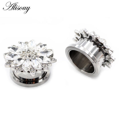 Alisouy 2pcs Stainless Steel Flower Zirconia Moon Star Clock Heart Screw Ear Tunnels Plugs Expander Gauges Body Piercing Jewelry