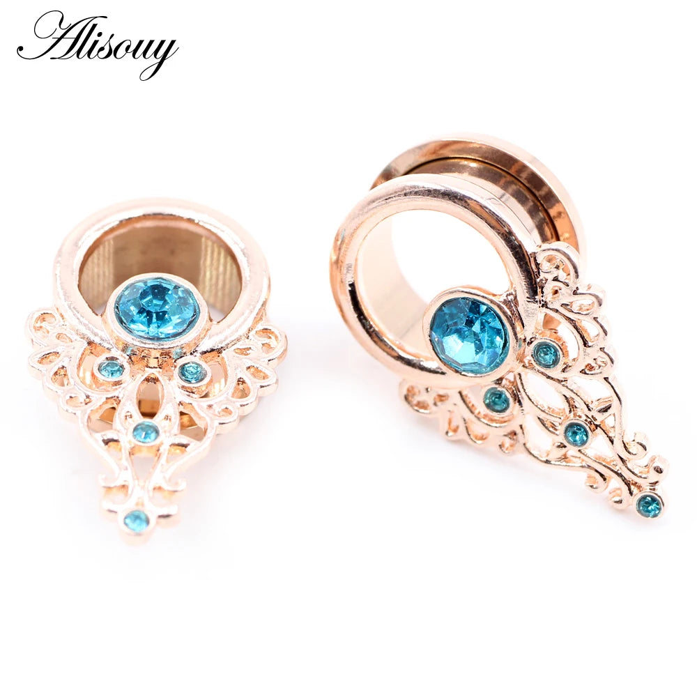 Alisouy 2pcs Stainless Steel Flower Triangle Cone Owl Zircon Star Screw Ear Tunnels Plugs Expander Gauges Body Piercing Jewelry