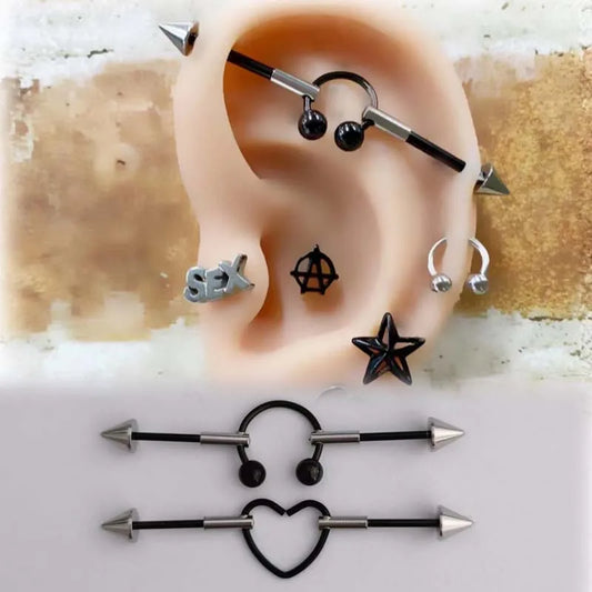 1PC New Stainless Steel Industrial Piercing Contrasting Colors Design Movable Adjustable Industrial Bar Heart Ear Piercing 16G