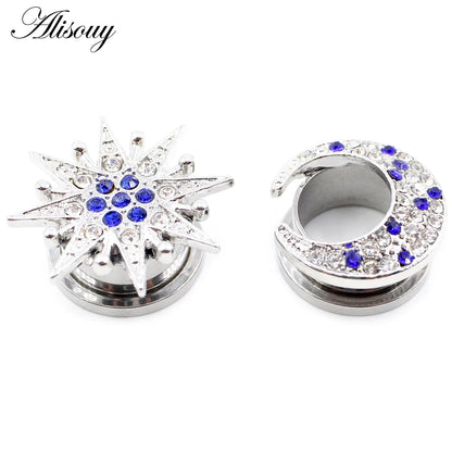 Alisouy 2pcs Stainless Steel Flower Zirconia Moon Star Clock Heart Screw Ear Tunnels Plugs Expander Gauges Body Piercing Jewelry