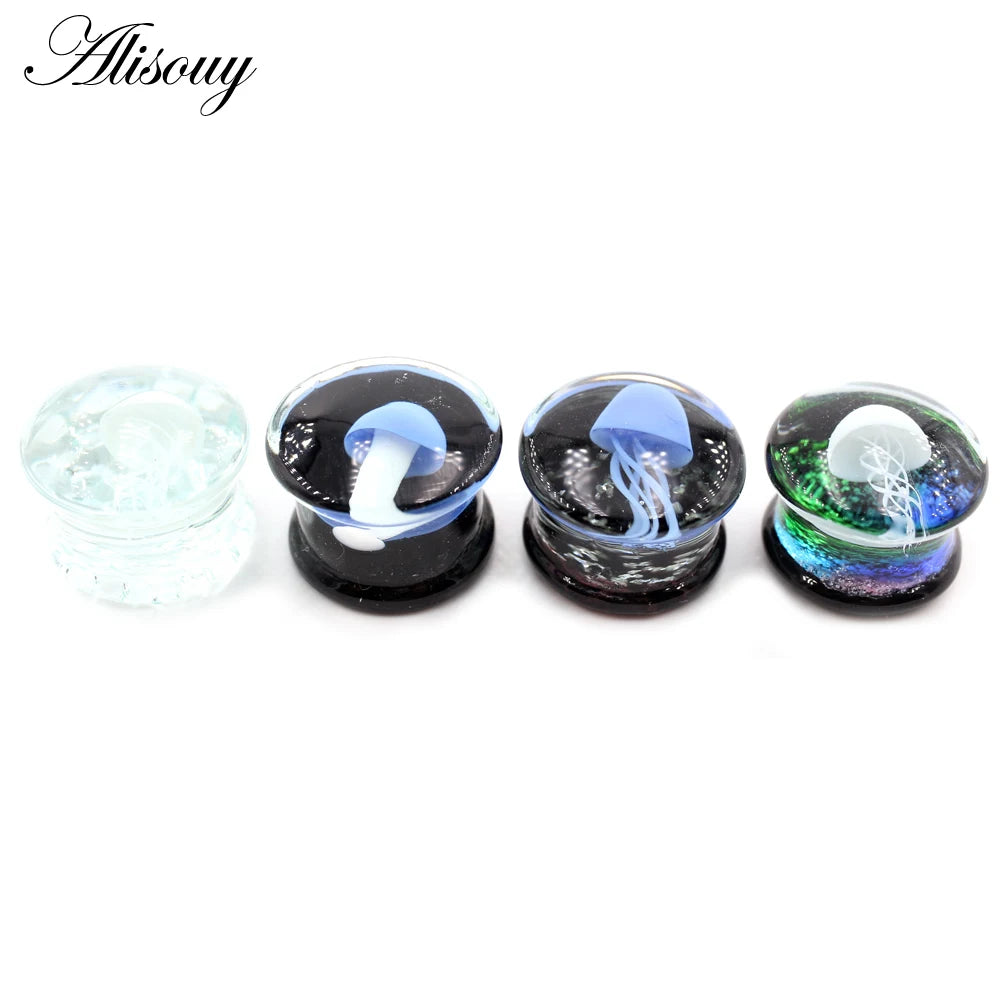 Alisouy 2pcs Transparent Round Glass Luminous Jellyfish Ear Gauges Tunnels Plugs Flesh Stretcher Expander Piercing Body Jewelry