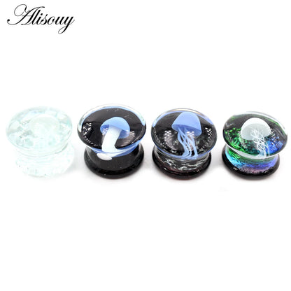 Alisouy 2pcs Transparent Round Glass Luminous Jellyfish Ear Gauges Tunnels Plugs Flesh Stretcher Expander Piercing Body Jewelry
