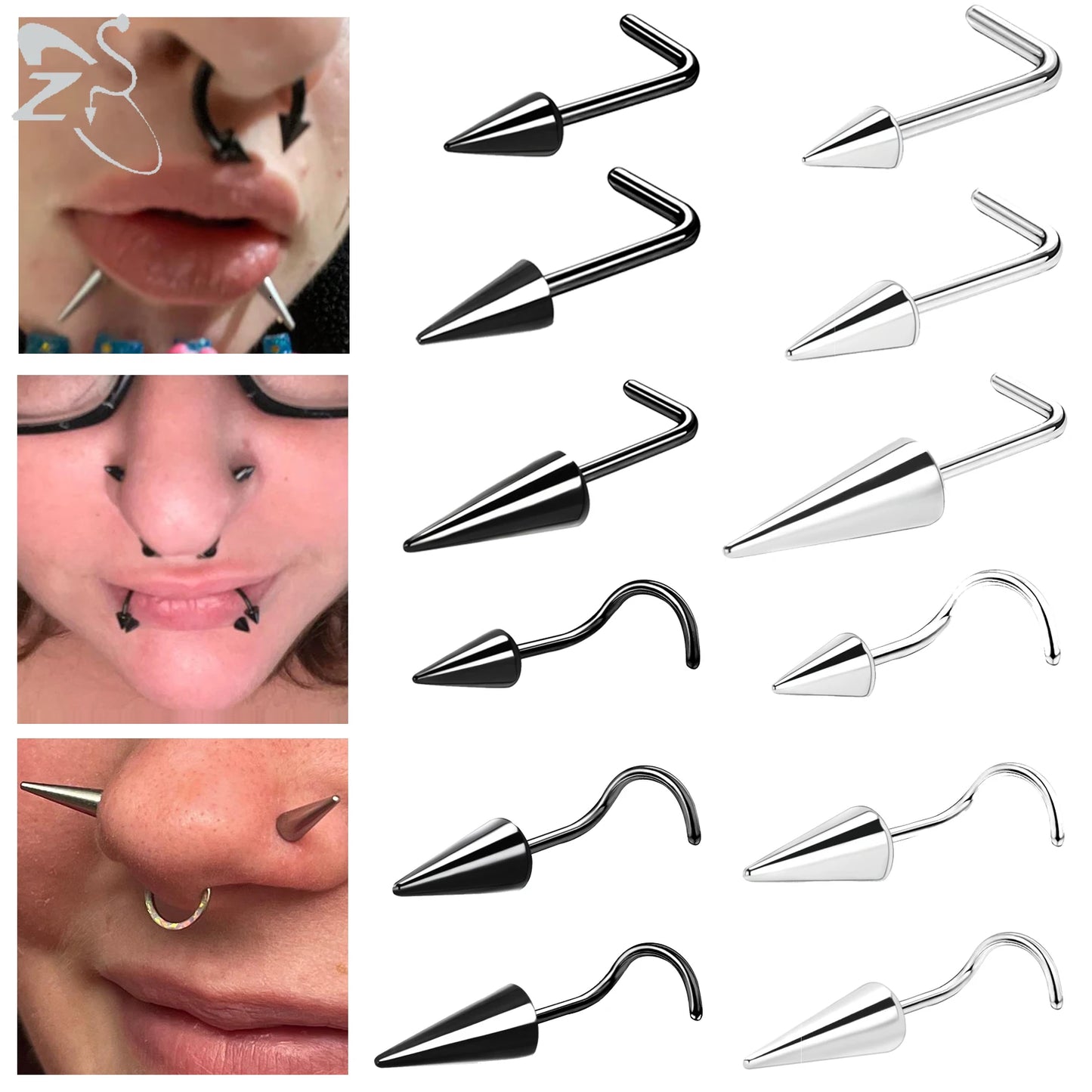 ZS 1PC 20G Spike Nose Ring Stainless steel Nose Stud Black Color Cone Nostril Piercing L-Shaped Seputm Nose Hole Body Piercings