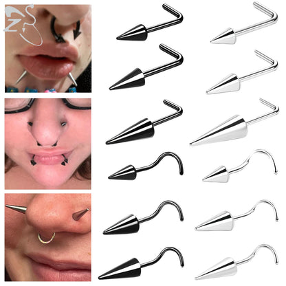 ZS 1PC 20G Spike Nose Ring Stainless steel Nose Stud Black Color Cone Nostril Piercing L-Shaped Seputm Nose Hole Body Piercings
