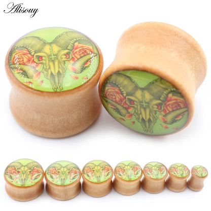 2PCS Wood Sheep Head Cross Epoxy Resin Flared Ear Tunnels Plug Expander Stretcher Gauges Earrings Piercing Body Jewelry