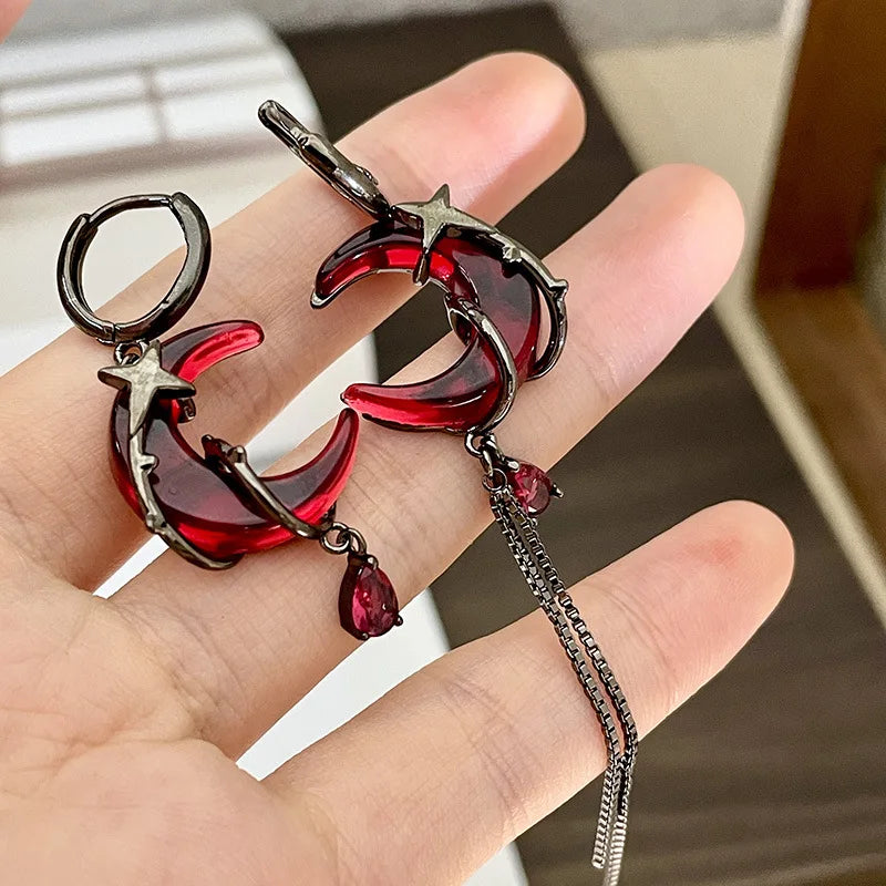 Asymmetry Red Moon Rose Earrings for Women European American Style Personality Crystal Drop Pendant Earrings Jewelry