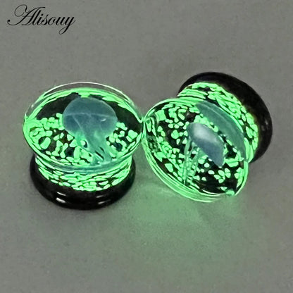 Alisouy 2pcs Transparent Round Glass Luminous Jellyfish Ear Gauges Tunnels Plugs Flesh Stretcher Expander Piercing Body Jewelry