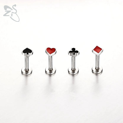 ZS 1 Piece 16G Stainless Steel Labret Lip Piercing Spade Heart Diamond Club Shape Ear Cartilage Tragus Helix Piercings 6MM/8MM