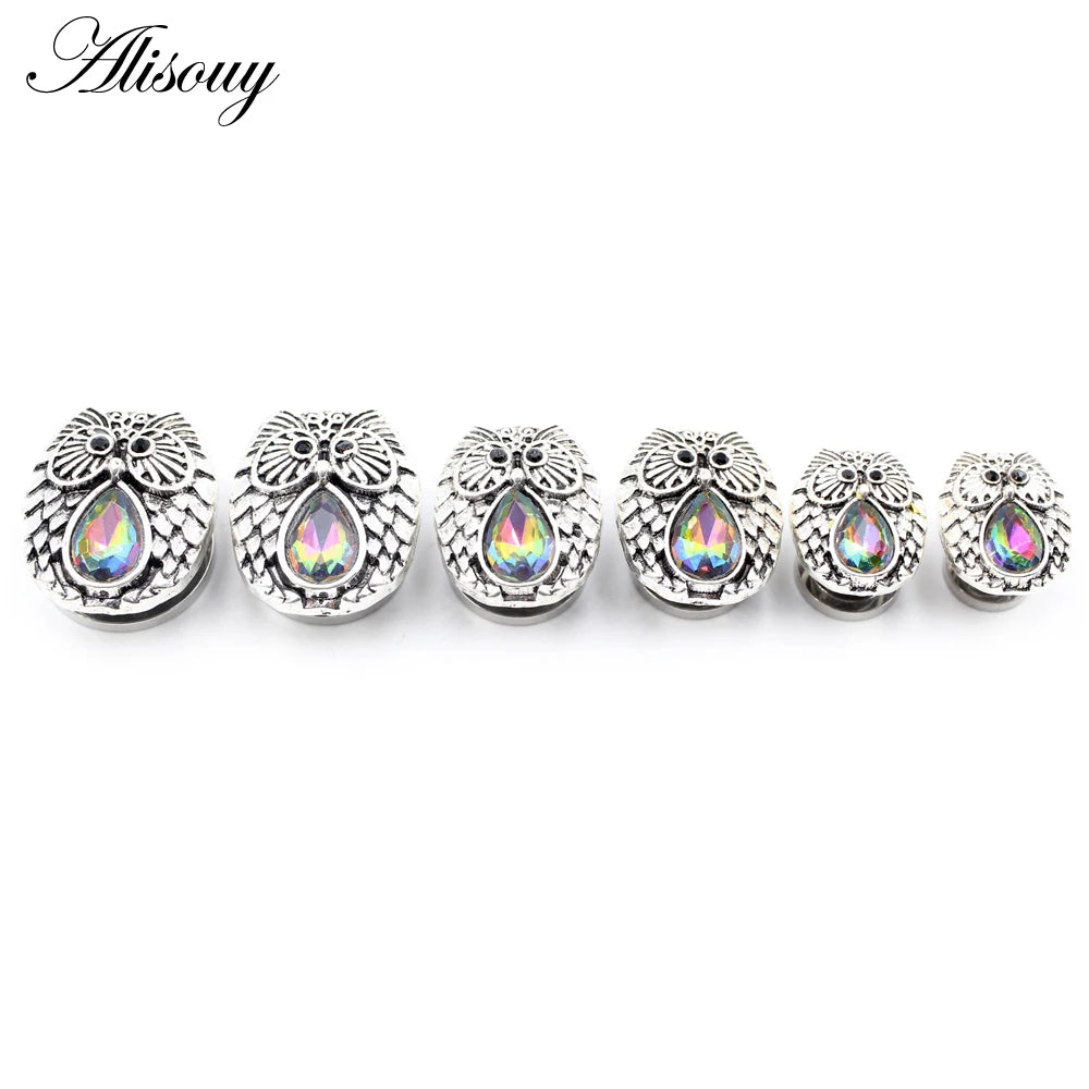 Alisouy 2pcs Stainless Steel Flower Triangle Cone Owl Zircon Star Screw Ear Tunnels Plugs Expander Gauges Body Piercing Jewelry