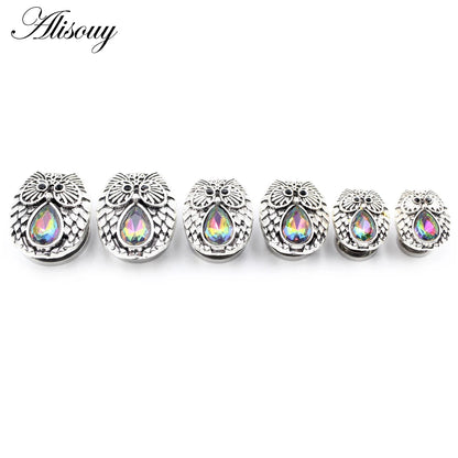 Alisouy 2pcs Stainless Steel Flower Triangle Cone Owl Zircon Star Screw Ear Tunnels Plugs Expander Gauges Body Piercing Jewelry