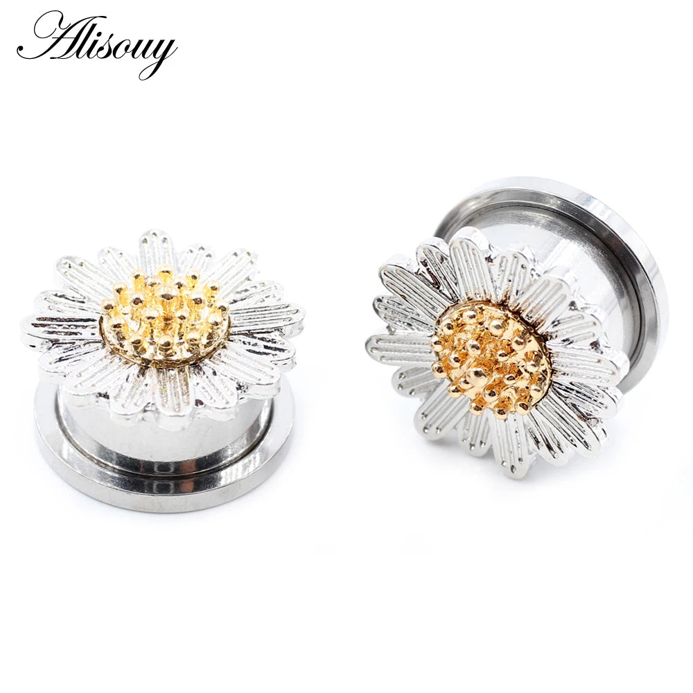 Alisouy 2pcs Stainless Steel Flower Zirconia Moon Star Clock Heart Screw Ear Tunnels Plugs Expander Gauges Body Piercing Jewelry