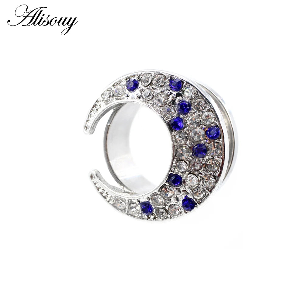 Alisouy 2pcs Stainless Steel Flower Zirconia Moon Star Clock Heart Screw Ear Tunnels Plugs Expander Gauges Body Piercing Jewelry