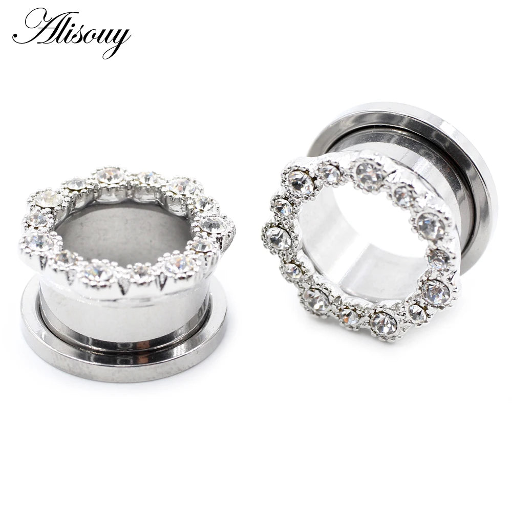 Alisouy 2pcs Stainless Steel Flower Zirconia Moon Star Clock Heart Screw Ear Tunnels Plugs Expander Gauges Body Piercing Jewelry
