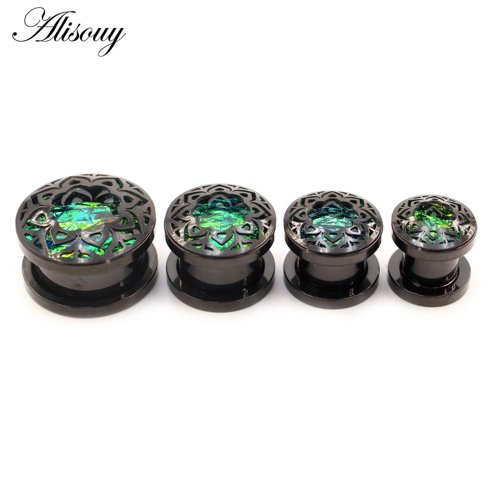 Alisouy 2pcs Retro Stainless Steel Opal Hollow Flower Ear Tunnels Plugs Expander Stretcher Gauges Earrings Body Piercing Jewelry